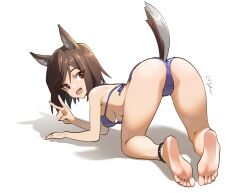 Rule 34 | 1girl, absurdres, all fours, animal ears, anklet, ass, barefoot, bikini, blue bikini, breasts, brown eyes, brown hair, dog ears, dog girl, dog tail, feet, foot focus, foreshortening, from behind, full body, halterneck, hanging breasts, highres, jewelry, kuroda kunika, looking at viewer, looking back, medium breasts, mmmalice, noble witches, open mouth, short hair, signature, smile, soles, solo, swimsuit, tail, toes, top-down bottom-up, v, white background, world witches series