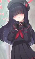 Rule 34 | 1girl, beret, black choker, black gloves, black hair, black hat, black sailor collar, black serafuku, black shirt, black skirt, blue archive, blunt bangs, blush, choker, closed mouth, commentary request, extra, flying sweatdrops, frown, gloves, hair over eyes, halo, hat, heart, heart hands, hime cut, justice task force member (blue archive), long hair, looking at viewer, red eyes, red sailor collar, sailor collar, school uniform, serafuku, shirt, skirt, solo, standing, straight hair, sweatdrop, upper body, yucblossom