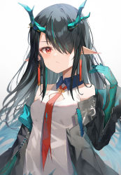 Rule 34 | 1girl, absurdres, arknights, bare shoulders, black hair, black jacket, breasts, commentary, dress, dusk (arknights), grey background, hair over one eye, highres, horns, jacket, long hair, looking at viewer, medium breasts, necktie, off shoulder, open clothes, open jacket, pointy ears, red eyes, red necktie, solo, sutei (arece15), upper body, very long hair, white dress