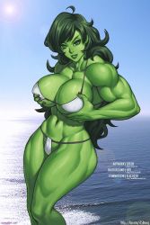 Rule 34 | 1girl, beach, bikini, grabbing another&#039;s breast, breasts, cleavage, colored skin, elee0228, female focus, grabbing, green eyes, green hair, green skin, hip focus, huge breasts, lips, long hair, marvel, matching hair/eyes, muscular, outdoors, she-hulk, sky, smile, solo, speh, swimsuit, thick thighs, thighs, wide hips