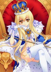Rule 34 | 1girl, absurdres, blonde hair, bow, cape, carnelian, crossed legs, crown, gloves, highres, jewelry, lace, lace-trimmed legwear, lace trim, legs, long hair, looking at viewer, naked cape, navel, no panties, original, queen, scepter, sitting, sitting on object, solo, thighhighs, thighs, throne, white thighhighs, yellow eyes, zettai ryouiki