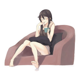 Rule 34 | 1girl, barefoot, brown hair, couch, eating, closed eyes, feet, fujoshi, glasses, no panties, original, pillow, shorts, sitting, solo, toe scrunch, toes, u (the unko), upshorts
