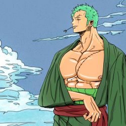 Rule 34 | 1boy, abs, absurdres, bara, bare pectorals, earrings, green hair, highres, jewelry, large pectorals, long sideburns, looking to the side, male focus, mint, mouth hold, muscular, muscular male, nipples, one piece, pectorals, rocckart, roronoa zoro, scar, scar across eye, short hair, sideburns, single earring, sky, smile, solo, upper body