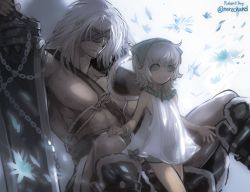 Rule 34 | 1boy, 1girl, blue eyes, closed mouth, dress, eyepatch, father&#039;s day, father and daughter, flower, moreshan, muscular, nier, nier (old), nier (series), revision, see-through, short hair, simple background, smile, sword, weapon, white background, white dress, white hair, yonah