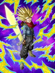Rule 34 | absurdres, dokkan battle, dragon ball, dragon ball super, energy, energy sword, highres, lightning, looking at viewer, official art, scratches, serious, spiked hair, super saiyan rage, sword, tagme, torn clothes, trunks (dragon ball), trunks (future) (dragon ball), weapon