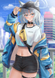 Rule 34 | 1girl, absurdres, alternate costume, animal, animal ears, arikawa rui, arm up, black choker, black shorts, blue archive, blue eyes, blue jacket, blurry, bra strap, breasts, choker, cowboy shot, crop top, crop top overhang, day, depth of field, ears through headwear, fanny pack, fox ears, halo, halterneck, hand on headwear, highres, jacket, large breasts, long hair, long sleeves, looking at viewer, midriff, mismatched pupils, navel, off shoulder, open clothes, open jacket, open mouth, outdoors, shiroko (blue archive), shirt, short shorts, short sleeves, shorts, smile, solo, stomach, sunlight, thigh strap, thighs, white hair, white shirt