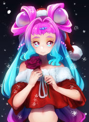 Rule 34 | 1girl, bare shoulders, black background, blue eyes, blue hair, blue nails, christmas, closed mouth, collarbone, cure la mer, double bun, eyelash ornament, eyelashes, fingernails, flower, gradient hair, hair bun, hair intakes, hat, heart, heart in eye, highres, holding, holding flower, laura la mer, long hair, looking at viewer, magical girl, midriff, multicolored eyes, multicolored hair, nail polish, navel, pearl hair ornament, precure, purple eyes, purple flower, purple hair, purple rose, red hat, rikito1087, rose, santa hat, smile, snowing, solo, symbol in eye, thick eyebrows, tropical-rouge! precure