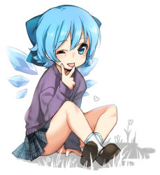 Rule 34 | 1girl, alternate costume, bare legs, blue eyes, blue hair, bow, child, cirno, crossed legs, full body, grass, hair bow, ice, ice wings, long sleeves, looking at viewer, mary janes, matching hair/eyes, one eye closed, pleated skirt, sankyaku tako, school uniform, shoes, simple background, sitting, skirt, socks, solo, sweater, tongue, tongue out, touhou, v, wings