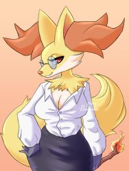 Rule 34 | 1girl, animal ear fluff, animal ears, animal nose, arm at side, artist name, black skirt, body fur, breasts, buttons, buutymon, cleavage, closed mouth, collared shirt, cowboy shot, creatures (company), delphox, female focus, fire, fox ears, fox girl, fox tail, furry, furry female, game freak, gen 6 pokemon, glasses, half-closed eyes, hand on own hip, happy, holding, holding stick, large breasts, long sleeves, looking at viewer, neck fur, nintendo, office lady, orange background, pencil skirt, pince-nez, pokemon, pokemon (creature), red eyes, round eyewear, shirt, shirt tucked in, signature, simple background, skirt, smile, snout, solo, standing, stick, tail, two-tone fur, white fur, white shirt, yellow fur