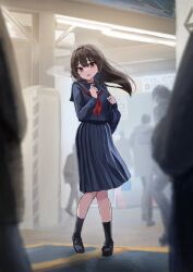 Rule 34 | 1girl, 6+others, bag, black footwear, black socks, blue sailor collar, blue shirt, blue skirt, blurry, blurry background, breasts, breath, brown eyes, brown hair, carrying over shoulder, commentary request, full body, hair between eyes, holding, holding bag, keiyo earth, long hair, long skirt, long sleeves, looking at viewer, multiple others, neckerchief, open mouth, original, pleated skirt, red neckerchief, sailor collar, scared, school bag, school uniform, serafuku, shirt, skirt, small breasts, socks, solo focus, steam, straight hair, train station, uniform, wind