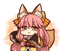 Rule 34 | 1girl, animal ear fluff, animal ears, blush, chibi, fate/samurai remnant, fate (series), fox ears, fox girl, fox tail, heart, japanese clothes, kimono, long hair, looking at viewer, negimayo33, pink hair, short eyebrows, simple background, sleeves past fingers, sleeves past wrists, smile, solo, tail, tamamo (fate), tamamo aria (fate), white background, yellow eyes, yellow kimono