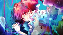 Rule 34 | 1girl, absurdres, arima kana, blue background, bob cut, dress, flower, hair ornament, hairpin, highres, inverted bob, lilac10, looking at viewer, ocean, open mouth, oshi no ko, red eyes, red hair, shawl, short hair, solo, unhappy, upper body, white shawl