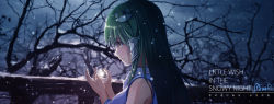 Rule 34 | 1girl, bare tree, blue eyes, breasts, cloud, cloudy sky, english text, frog hair ornament, fur trim, glowing, green eyes, green hair, hair ornament, hair tubes, hands up, kochiya sanae, light, long hair, matching hair/eyes, mocco (sachima), night, night sky, profile, sky, sleeveless, smile, snake hair ornament, snow, snowing, solo, text focus, touhou, translation request, tree, upper body