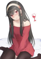 Rule 34 | 1girl, absurdres, arms between legs, between legs, blush, breasts, cleavage, cup, drinking glass, drunk, earrings, head tilt, headband, highres, jewelry, long sleeves, looking at viewer, mimori (mimori 05), no pants, no shoes, nose blush, off-shoulder sweater, off shoulder, on bed, open mouth, pantyhose, red eyes, sitting, solo, spy x family, sweater, wariza, wine glass, yor briar
