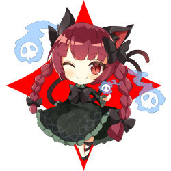 Rule 34 | 1girl, animal ear fluff, animal ears, black legwear, bow, braid, cat ears, cat tail, chibi, dress, fang, floral print, ghost, green dress, highres, hitodama, holding, holding skull, kaenbyou rin, kuraudo, leg ribbon, long hair, multiple tails, one eye closed, red eyes, red hair, ribbon, simple background, skull, slit pupils, smile, solo, star (symbol), tail, touhou, twin braids, two tails