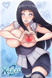 Rule 34 | 1girl, black hair, blunt bangs, blush, breasts, breasts out, corset, curvy, empty eyes, fishnet thighhighs, fishnets, heart, heart background, heart hands, highres, huge breasts, hyuuga hinata, large breasts, long hair, looking at viewer, naruto: the last, naruto (series), naruto shippuuden, nipples, no pupils, open mouth, purple eyes, shorts, sleeveless, smile, solo, thighhighs, x-t3al, zettai ryouiki