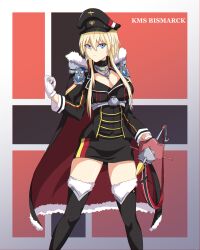 Rule 34 | 1girl, azur lane, bismarck (azur lane), black footwear, black hat, blonde hair, blue eyes, boots, breasts, cape, character name, cleavage, clenched hand, coat, dress, equus ignis, feet out of frame, flag background, fur-trimmed boots, fur trim, gloves, hair between eyes, hat, highres, large breasts, long hair, long sleeves, looking at viewer, military, military hat, military uniform, peaked cap, short dress, sidelocks, solo, thigh boots, thighhighs, thighs, uniform, white gloves