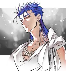 Rule 34 | 1boy, beads, blue hair, cloak, cu chulainn (fate), fate/stay night, fate (series), hair down, jewelry, cu chulainn (fate/stay night), long hair, male focus, mayuki (ubiquitous), necklace, red eyes, solo