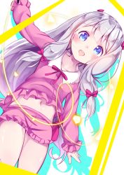 Rule 34 | 10s, 1girl, :d, arm up, blue eyes, blush, bow, commentary request, dutch angle, eromanga sensei, frills, grey hair, hair bow, highres, izumi sagiri, long hair, long sleeves, looking at viewer, midriff peek, navel, open mouth, pajamas, petite, purple bow, smile, solo, standing, teeth, thighs, wankoo-mikami
