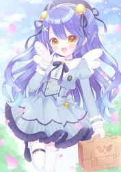 Rule 34 | 1girl, :d, amamiya kokoro, bell, beret, black footwear, black hat, black ribbon, blue hair, blush, briefcase, brown eyes, center frills, commentary request, cropped jacket, fang, frilled skirt, frills, grey jacket, grey skirt, hair bell, hair ornament, hair ribbon, hairclip, hand up, hat, highres, himetsuki luna, jacket, jingle bell, juliet sleeves, long hair, long sleeves, looking at viewer, nijisanji, open mouth, pleated skirt, puffy sleeves, ribbon, school briefcase, shirt, shoes, skirt, smile, solo, standing, standing on one leg, thighhighs, two side up, very long hair, virtual youtuber, white shirt, white thighhighs, x hair ornament