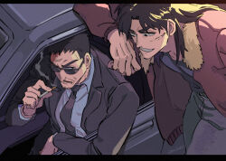 Rule 34 | 2boys, backlighting, black eyes, black hair, black jacket, black necktie, black shirt, bomber jacket, brown jacket, car, cigarette, collared shirt, commentary request, cowboy shot, endou yuuji, facial scar, formal, grey pants, grey shirt, grin, holding, holding cigarette, inudori, itou kaiji, jacket, kaiji, leaning to the side, letterboxed, long hair, long sleeves, looking at another, male focus, medium bangs, motor vehicle, multiple boys, necktie, open mouth, pants, parted bangs, scar, scar on cheek, scar on face, shirt, short bangs, short hair, smile, smoke, smoking, suit, sunglasses, v-shaped eyebrows, very short hair