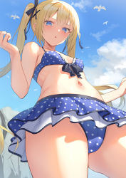 Rule 34 | 1girl, alexmaster, bare shoulders, bikini, bird, blonde hair, blue bikini, blue eyes, blue sky, blush, breasts, collarbone, dead or alive, dead or alive 5, long hair, looking at viewer, marie rose, open mouth, polka dot, polka dot bikini, seagull, sky, small breasts, solo, swimsuit, thighs, twintails