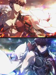 Rule 34 | 2boys, abs, archer (fate), archer (fate) (cosplay), armor, cape, cosplay, emiya shirou, emiya shirou (prisma illya), fate/grand order, fate/kaleid liner prisma illya, fate/stay night, fate (series), field of blades, headband, holding, igote, japanese armor, japanese clothes, kusazuri, limited/zero over, long sleeves, multiple boys, multiple weapons, orange hair, planted sword, planted, raglan sleeves, red hair, red headband, senji muramasa (fate), topless male, short hair, single bare shoulder, sword, toned, toned male, tsuezu, unlimited blade works (fate), weapon, white cape, yellow eyes