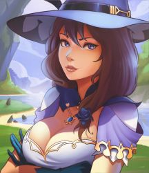 Rule 34 | 1girl, blue eyes, blue flower, blue rose, breasts, brown hair, cleavage, crossed arms, flower, genshin impact, hair flower, hair ornament, hat, highres, jewelry, large breasts, lem, lisa (genshin impact), looking at viewer, necklace, rose, smile, solo, thick lips, upper body, witch hat