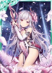 Rule 34 | 1girl, akkijin, bare shoulders, breasts, card (medium), flower, garden, hair flower, hair ornament, holding, holding weapon, long hair, looking at viewer, medium breasts, night, night sky, official art, petals, red eyes, seiza, shinkai no valkyrie, silver hair, sitting, sky, star (sky), starry sky, sword, weapon, weapon bag
