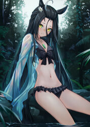 Rule 34 | 1girl, ahoge, bangs pinned back, bikini, black bikini, black hair, breasts, cleavage, commentary, flower, forehead, forest, frilled bikini, frills, hair between eyes, hair flower, hair ornament, highres, horse girl, jewelry, long hair, looking at viewer, manhattan cafe (the bubbles that i see with you) (umamusume), manhattan cafe (umamusume), multicolored hair, nature, necklace, official alternate costume, official alternate hairstyle, outdoors, see-through, see-through shirt, shirt, sitting, small breasts, solo, streaked hair, swimsuit, tks (526tks), umamusume, white flower, white hair, white shirt, yellow eyes