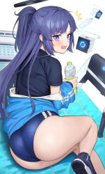 Rule 34 | 1girl, absurdres, ass, bare legs, black shirt, blue archive, blue buruma, blush, bottle, buruma, floating, floating object, foot out of frame, halo, highres, holding, holding bottle, ildy, leaning to the side, long hair, long sleeves, looking at viewer, looking back, looking up, off shoulder, official alternate costume, open mouth, purple eyes, shirt, shoes, short sleeves, sitting, sneakers, solo, star sticker, sticker on face, thighs, water bottle, wet, yuuka (blue archive), yuuka (track) (blue archive)