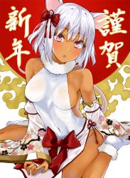 Rule 34 | 1girl, animal ears, blush, bow, breasts, chestnut mouth, covered navel, dark skin, dark-skinned female, detached sleeves, female focus, gomashi (goma), hair bow, looking at viewer, medium breasts, mouse ears, mouse girl, mouse tail, original, red eyes, short hair, sitting, solo, tail, wariza, white hair