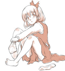 Rule 34 | 1girl, barefoot, blonde hair, feet, hair ribbon, kuro suto sukii, limited palette, long sleeves, looking at viewer, open mouth, red eyes, removing sock, ribbon, rumia, shirt, sitting, skirt, skirt set, sock pull, unworn socks, soles, solo, toes, touhou, undressing, vest