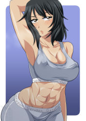 Rule 34 | 1girl, abs, andou (girls und panzer), arm behind head, arm up, armpits, artist logo, bike shorts, black eyes, black hair, blue background, blush, breasts, brown eyes, cleavage, commentary, covered erect nipples, cowboy shot, dark-skinned female, dark skin, frown, girls und panzer, grey shorts, half-closed eyes, highres, ichijou takakiyo, large breasts, looking at viewer, medium hair, messy hair, muscular, muscular female, navel, open mouth, outside border, presenting armpit, rounded corners, shorts, solo, sports bra, standing