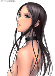 Rule 34 | 1girl, black eyes, breasts, brown hair, collar, female focus, long hair, nude, ryu (ryu&#039;s form site), simple background, solo, white background
