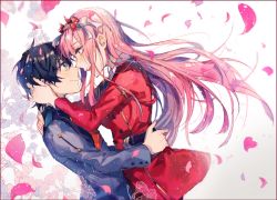 Rule 34 | 10s, 1boy, 1girl, black hair, blue eyes, blush, commentary, couple, darling in the franxx, face-to-face, facing another, flower, forehead-to-forehead, fringe trim, green eyes, hair flower, hair ornament, hand on another&#039;s head, hands on another&#039;s waist, heads together, height difference, hetero, hiro (darling in the franxx), horns, hug, long hair, long sleeves, looking at another, military, military uniform, necktie, oni horns, onko, pink hair, red horns, red neckwear, short hair, uniform, zero two (darling in the franxx)