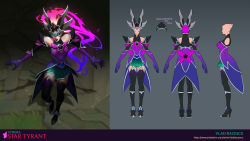 Rule 34 | 1girl, armor, artist name, bare shoulders, black footwear, character name, closed mouth, concept art, dress, elbow gloves, english text, faceless, gloves, glowing, glowing eyes, gradient background, green skirt, grey background, helmet, high heels, highres, league of legends, looking at viewer, magic, multiple views, pink dress, skirt, star (symbol), syndra, thighhighs, vladbacescu, watermark, web address
