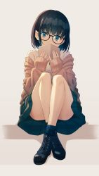 Rule 34 | 1girl, ass, bare legs, black-framed eyewear, black footwear, black hair, black skirt, black socks, blue eyes, book, boots, brown cardigan, cardigan, convenient leg, covering own mouth, cross-laced footwear, glasses, hands up, highres, holding, holding book, hyuuga azuri, knees up, lace-up boots, long sleeves, looking at viewer, miniskirt, off shoulder, open cardigan, open clothes, original, pleated skirt, shadow, shirt, short hair, sidelocks, sitting, skirt, socks, solo, white shirt