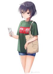 Rule 34 | 1girl, artist name, asymmetrical hair, black hair, blouse, blue shorts, brown eyes, cellphone, closed mouth, clothes writing, feet out of frame, green shirt, hair between eyes, holding, holding phone, i-13 (kancolle), kantai collection, one-hour drawing challenge, phone, shirt, short hair, short sleeves, shorts, signature, simple background, smartphone, solo, white background, yamashichi (mtseven)