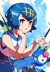 Rule 34 | 1girl, :o, absurdres, blue eyes, blue hair, blue pants, blue sailor collar, blush, commentary request, creatures (company), game freak, gen 7 pokemon, hairband, head on hand, highres, lana (pokemon), looking at viewer, nintendo, no sclera, open mouth, pants, pokemon, pokemon (anime), pokemon (creature), pokemon sm (anime), popplio, rain, sailor collar, shirt, short hair, sleeveless, swimsuit, swimsuit under clothes, taisa (lovemokunae), water, wet