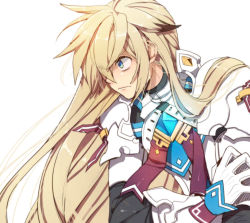 Rule 34 | 1boy, armor, bad id, bad pixiv id, blonde hair, blue eyes, chung seiker, elsword, hair flaps, iron paladin (elsword), limble, long hair, male focus, serious, solo, white background