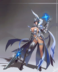 Rule 34 | 1girl, armor, armored boots, black hair, boots, breastplate, breasts, cleavage, closed mouth, cross, detached collar, detached sleeves, elf, facial mark, full body, gauntlets, headgear, highleg, highleg panties, highres, holding, holding weapon, large breasts, long hair, looking at viewer, navel, original, panties, pointy ears, polearm, revealing clothes, sidelocks, single thigh boot, smile, smjim1986, solo, spear, standing, stomach, thigh boots, thigh strap, thighhighs, underwear, weapon, white panties, yellow eyes