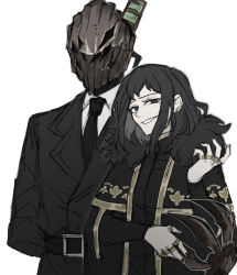 Rule 34 | 1boy, 1girl, baral (project moon), belt, black coat, black eyes, black hair, black nails, black necktie, claw (weapon), coat, earrings, formal, fur trim, gold trim, highres, ira (34112290), jewelry, library of ruina, mask, medium hair, nail polish, necktie, project moon, ring, shirt, smirk, suit, vial, weapon, white background, white shirt, zena (project moon)