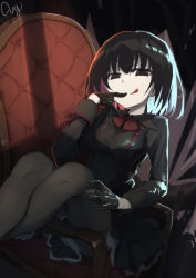 Rule 34 | 1girl, :p, artist name, black eyes, black gloves, black hair, black pantyhose, black shirt, black skirt, bob cut, bow, bowtie, chair, closed mouth, colored inner hair, commentary, dark, empty eyes, gloves, hair between eyes, highres, knees up, long sleeves, looking at viewer, monogatari (series), multicolored hair, on chair, oshino ougi, pale skin, pantyhose, pleated skirt, red bow, red bowtie, school uniform, shadow, shirt, short hair, signature, sitting, sitting sideways, skirt, smile, solo, symbol-only commentary, thomas (aoakumasan), tongue, tongue out