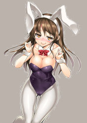 Rule 34 | 10s, 1girl, alternate costume, animal ears, ashigara (kancolle), bare shoulders, blush, bow, bowtie, breasts, brown eyes, brown hair, cleavage, detached collar, embarrassed, fake animal ears, hairband, kantai collection, large breasts, leotard, long hair, looking at viewer, pantyhose, personification, playboy bunny, rabbit ears, simple background, smile, solo, tel, trembling, white pantyhose, wrist cuffs