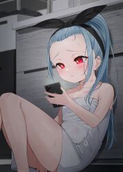 Rule 34 | 1girl, bare arms, bare legs, bare shoulders, between legs, black hairband, black ribbon, blue hair, blush, breasts, cellphone, cleavage, commentary request, ear piercing, earrings, feet out of frame, hair ribbon, hairband, hand between legs, high ponytail, highres, holding, holding phone, indoors, jewelry, knees up, naked towel, on floor, original, parted lips, phone, piercing, ponytail, red eyes, ribbon, sitting, small breasts, solo, towel, tsukiman, wet