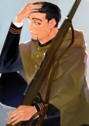 Rule 34 | 1boy, absurdres, arisaka, black eyes, black hair, blue jacket, bolt action, cape, collared jacket, commentary request, elbow rest, facial hair, facial scar, from side, golden kamuy, gun, hair slicked back, hand in own hair, highres, holding, holding gun, holding weapon, hood, hooded cape, imperial japanese army, jacket, kajibaji, knee up, long sleeves, male focus, military, military uniform, ogata hyakunosuke, over shoulder, rifle, scar, scar on cheek, scar on face, short hair, simple background, solo, stubble, undercut, uniform, upper body, weapon, weapon over shoulder