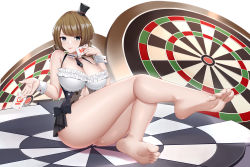 Rule 34 | 1girl, absurdres, azur lane, bare arms, bare legs, bare shoulders, barefoot, blue eyes, breasts, brown hair, card, casino, character request, cleavage, dead or alive, feet, highres, holding, holding card, kuroshiro no tsubasa, large breasts, looking at viewer, monica (doa), necktie, poker, see-through, short hair, soles, toes, wrist cuffs