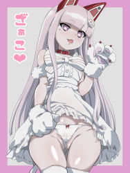 Rule 34 | 1girl, :p, animal ears, ass, bare shoulders, blunt bangs, blush, bow, bow panties, cameltoe, cat ears, collar, dress, gloves, hair ornament, indie virtual youtuber, japanese text, long hair, mole, mole under eye, namahoshi-chan, nomanota, panties, pink hair, purple eyes, simple background, solo, tail, thighhighs, tongue, tongue out, translation request, underwear, virtual youtuber, white dress, white panties, white thighhighs