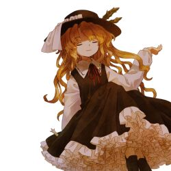 Rule 34 | 1girl, blonde hair, brown dress, brown footwear, brown hat, closed eyes, closed mouth, collared shirt, dress, frilled dress, frilled headwear, frills, hat, hat feather, hat ribbon, jacket girl (dipp), long sleeves, neck ribbon, petticoat, puppet strings, red ribbon, retrochaossan, ribbon, shirt, simple background, smile, solo, touhou, transparent background, wavy hair, white ribbon, white shirt, zun (style)